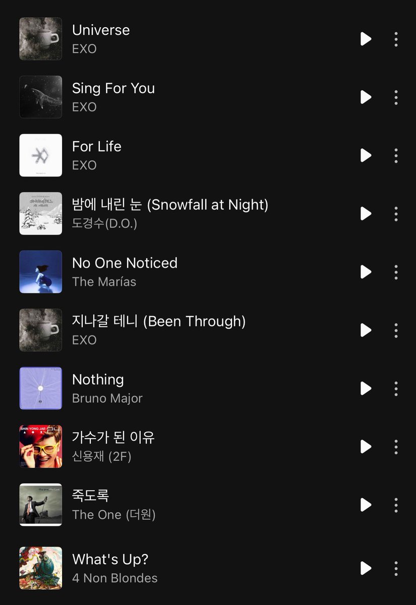 milkteus's tweet photo. winter playlist recommended by exo โ๏ธ๐ถ๐ง
โa winter like this, when the first snow falls, be with exo โ๏ธโ
๐ถ the first snow - exo
๐ถ falling for you - exo
๐ถ christmas day - exo
๐ถ unfair - exo
๐ถ you deserve it all - john legend
๐ถ all i want for christmas is you - mariah carey
๐ถ santa tell me - ariana grande
๐ถ lost stars - adam levine
๐ถ snowman - sia
๐ถ miracles in december - exo
๐ถ universe - exo
๐ถ sing for you - exo
๐ถ for life - exo
๐ถ snowfall at night - doh kyungsoo
๐ถ no one noticed - the marรญas
๐ถ been through - exo
๐ถ nothing - bruno major
๐ถ the reason why i became a singer - shin yongjae
๐ถ till i die - the one
๐ถ whatโs up? - 4 non blondes
๐: https://t.co/LIebG4w5R5