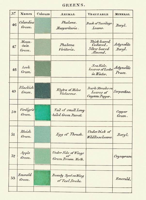 artinsociety's tweet image. From our archive ~ Abraham Werner's wonderful 19C book Nomenclature of Colours gives swatches of all colour tones, &amp;amp; where to find them in nature. So, for example, Bluish Green is the colour of thrush’s egg, underside of rose leaves, &amp;amp; the mineral beryl mymodernmet.com/werner-nomencl…