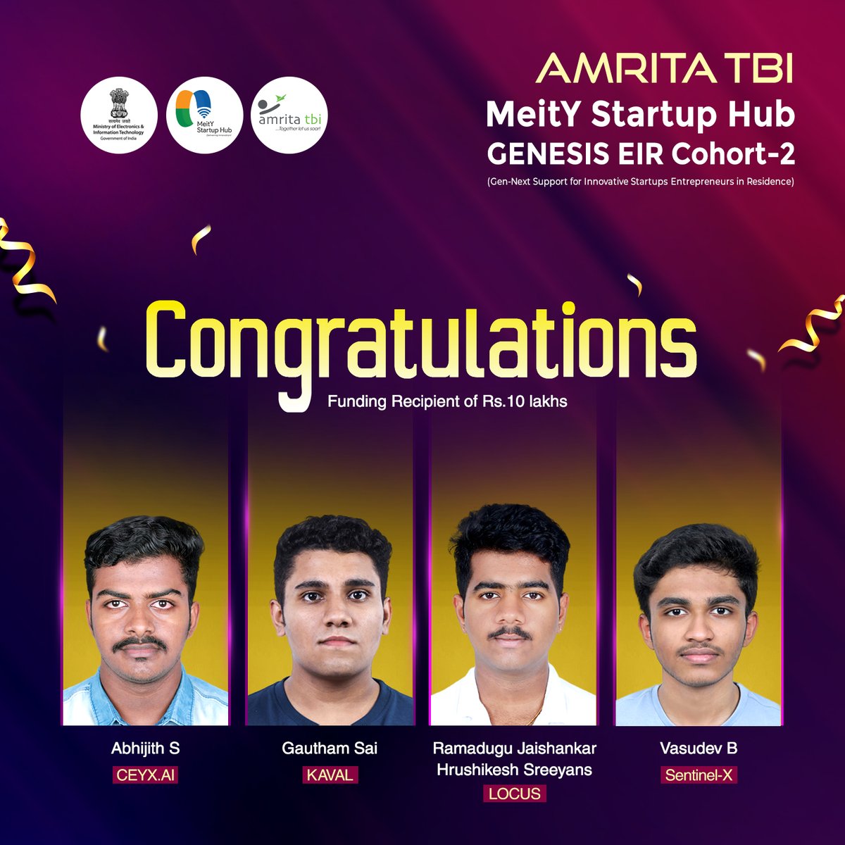Under the <a href="/meitystartuphub/">MeitY Startup Hub</a> GENESIS EIR Cohort‑2, these founders have each been selected for a ₹10 lakh grant to validate, build, and scale their deep-tech solutions.

#GENESIS #GENESISEiR #MeitYStartupHub #MeitY #StartupFunding #GrantFunding #StockMarketIndia
