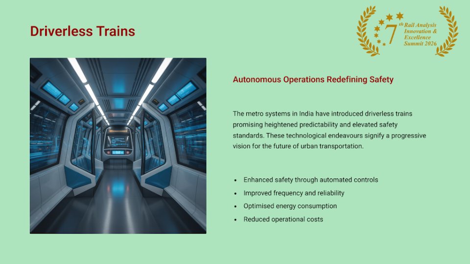 RailAnalysis's tweet image. #Driverlessmetro trains are redefining urban mobility in India.

Join us at the 7th Rail Analysis Innovation &amp;amp; Excellence Summit 2026  
📅 30 January 2026 |📍Hotel Le Méridien, New Delhi 

Know more: conference.railanalysis.com

#RAIES2026 #RailAnalysis #AutonomousTrains