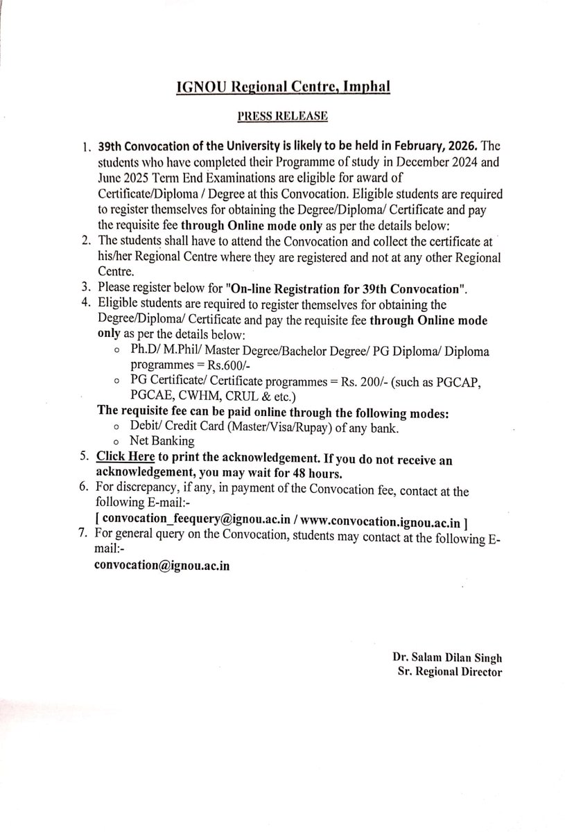 Press Release of 39th Convocation of Indira Gandhi National Open University: