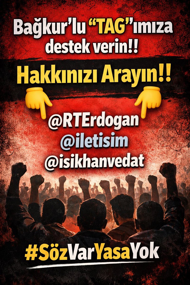 Bağkur’lu “TAG” ımıza destek verin !!
Hakkınızı Arayın ..
Sizler için emek verenleri yalnız bırakmayın ..

<a href="/RTErdogan/">Recep Tayyip Erdoğan</a> 
<a href="/iletisim/">T.C. İletişim Başkanlığı</a> 
<a href="/isikhanvedat/">Prof. Dr. Vedat Işıkhan</a> 

#SözVarYasaYok