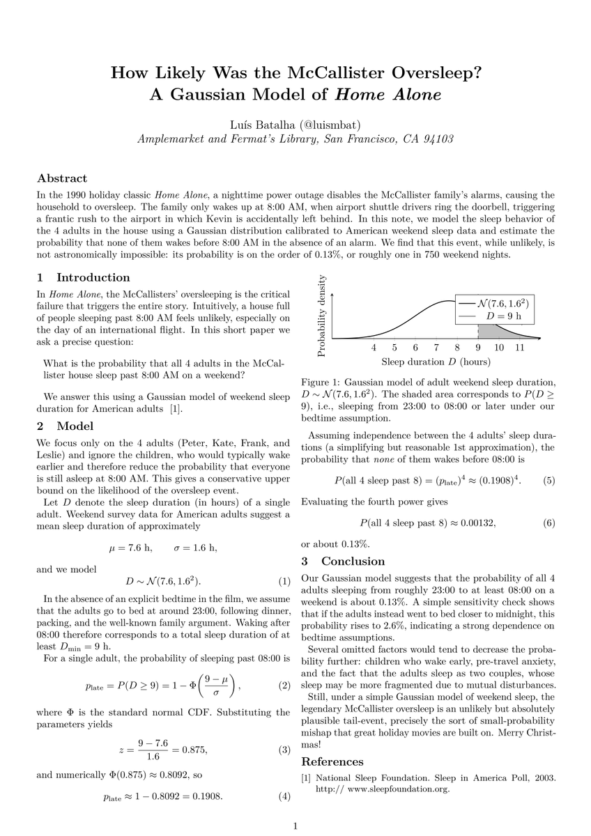 After rewatching Home Alone, I couldn’t stop wondering:

how plausible is the oversleep that leaves Kevin behind?
So I wrote a tiny paper and ran the numbers. 

Merry Christmas! 🎄