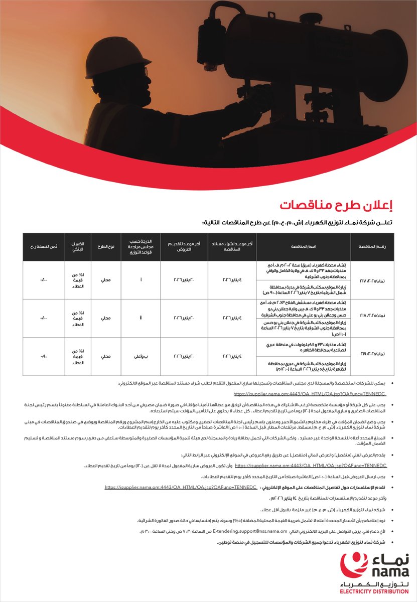 NamaDistribut's tweet image. إعلان طرح مناقصات للمزيد من التفاصيل يرجى زيارة صفحة المناقصات على الرابط التالي.
Tenders Announcement For more details, please visit the tenders page at the following link.
isupplier.nama.om:4443/OA_HTML/OA.jsp…

#نماء_للتوزيع
#NamaDistribution