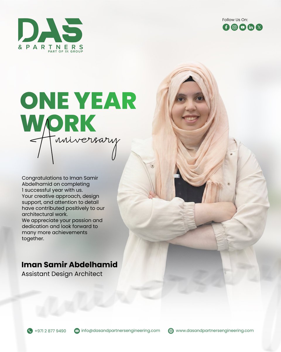 dasandpartners's tweet photo. Congratulations
๐ Iman Samir Abdelhamid | Assistant Design Architect
๐ Celebrating 1 Year of Excellence at DAS & Partners
#topengineeringconsultancy #dasandpartners #ConstructionInnovation #3DBIM #DesignTechnology #ArchitecturalEngine #architectural #designing https://t.co/8oHTh1FxQg