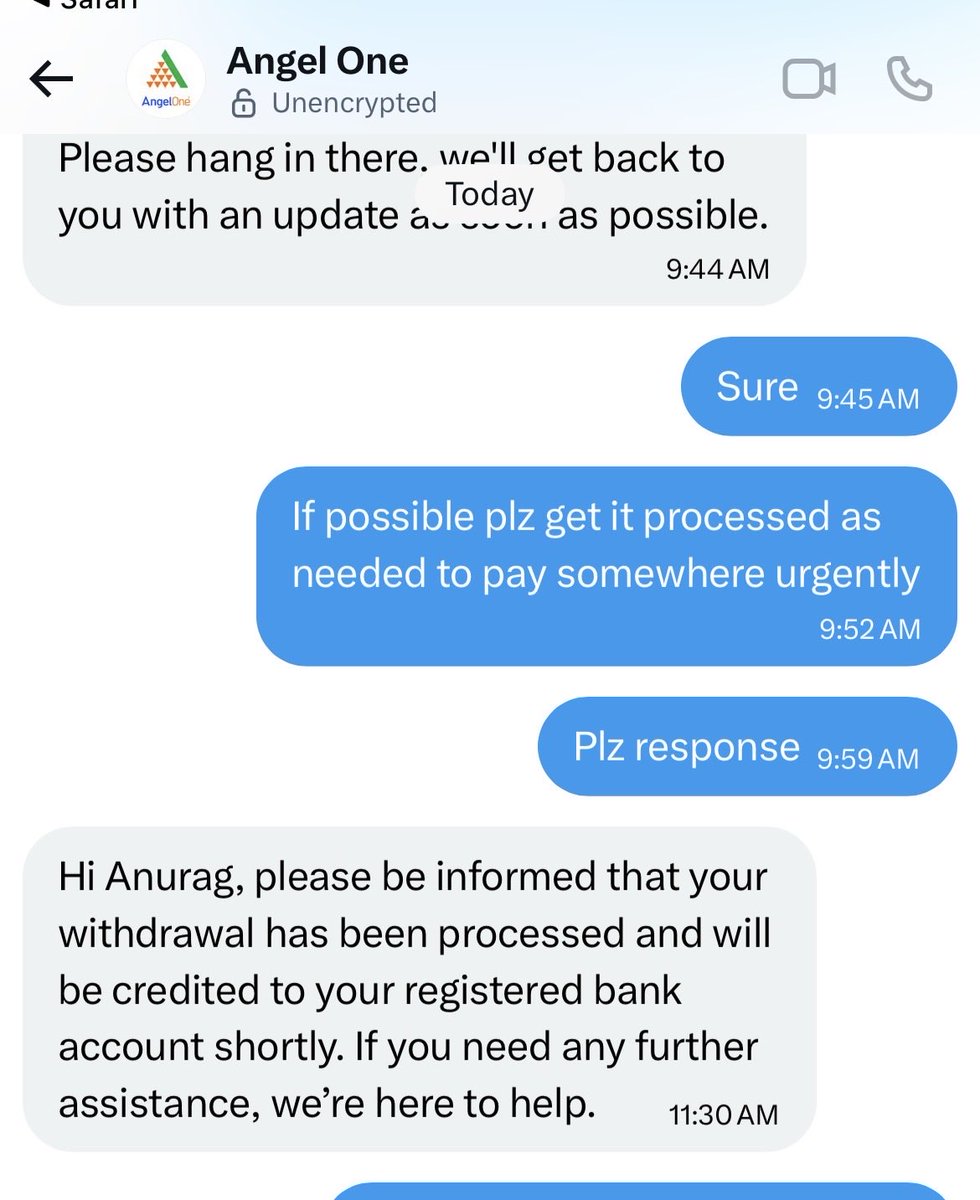 Why your team is not responding <a href="/DineshThakkar/">Dinesh Thakkar</a> ?

On DM they informed that withdrawal has been processed but in app still Showing pending and post that no response (Screenshot attached )

Reallly disappointed ☹️ 

<a href="/AngelOne/">Angel One</a>
