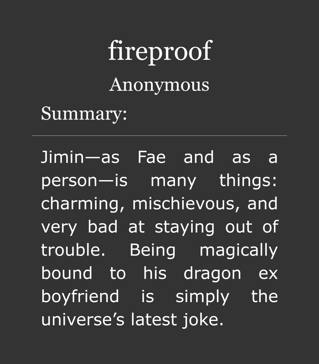 gukkie_verse's tweet image. fireproof #jikookau
– ongoing, 3.4k

🎁 mature
🎁 enemies to lovers, banter, dragon jk, fae jm
🎁 from my anonymous elf on the shelf

🔗: archiveofourown.org/works/76267771