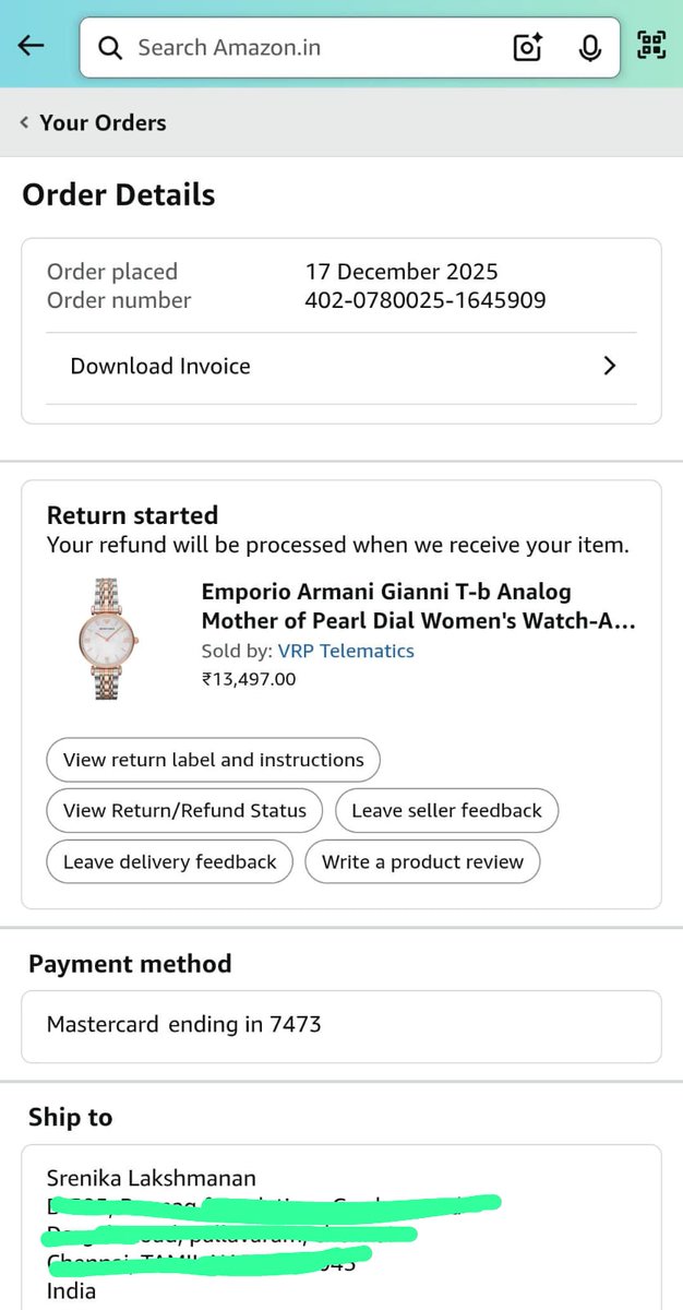 srenikaaaa's tweet photo. @amazonIN @amazon @emporioarmani 

Ordered an Emporio Armani watch for ₹13,500 from Amazon because offer + trust issues temporarily disabled.

Package arrives with ZERO outer packaging, just vibes.

Box says FOSSIL. Brain says: “Relax, Armani is inside” 🤡

Opened it.
FIRST COPY Fossil watch.
Not Armani.
Not original.
NOT EVEN WORKING. 💀⌚

Delivery guy already vanished like a side character

Mom entered panic + curse mode because ₹13.5K is not Monopoly money.

Scheduled return.
Sat at home all day like it’s a festival waiting for pickup.
No calls. No agent. No Pickup. No human interaction.

Amazon later: “Customer delayed return pickup”
EXCUSE ME???
I delayed NOTHING except my trust in online shopping 😭 @amazonIN 

Me 🤝 Mom 🤝 ₹13.5K
Stressed. Betrayed. Emotionally damaged. 😭📦