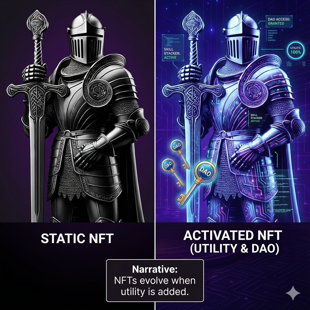 Crypto_Butter0's tweet image. Static to activated. Medieval to metaverse. ⚔️💾  
This knight isn’t just armor and steel — it’s circuitry, metrics, and DAO keys.  
NFTs evolve when utility is added.  

SkillStacker #NFTUtility
