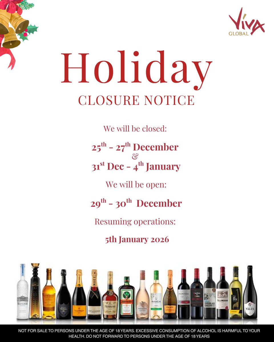 As we wrap up the year, please take note of our holiday operating schedule.
Thank you for your continued support and partnership — we look forward to serving you again on the listed open days.
✨ Happy Holidays from Viva Global.