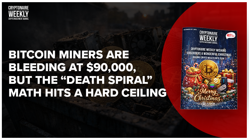 PlatinumCrypto's tweet photo. Bitcoin Miners Are Bleeding at $90,000, But the "Death Spiral" Math Hits a Hard Ceiling! ⛏️📉🛡️  
 
Miners face profitability pressure near $90K BTC, yet hash rate stability and post-halving economics prevent a full capitulation spiral despite the squeeze. 🔒⚡  
 
Featured in this week’s Cryptonaire Weekly Magazine.  
@Crypto_Games @MayaPreferred_ @HashWhale @KYMAITOKEN  
#Bitcoin #Mining #BTC #CryptoNews #HashRate  
https://t.co/wvZFpnutEL