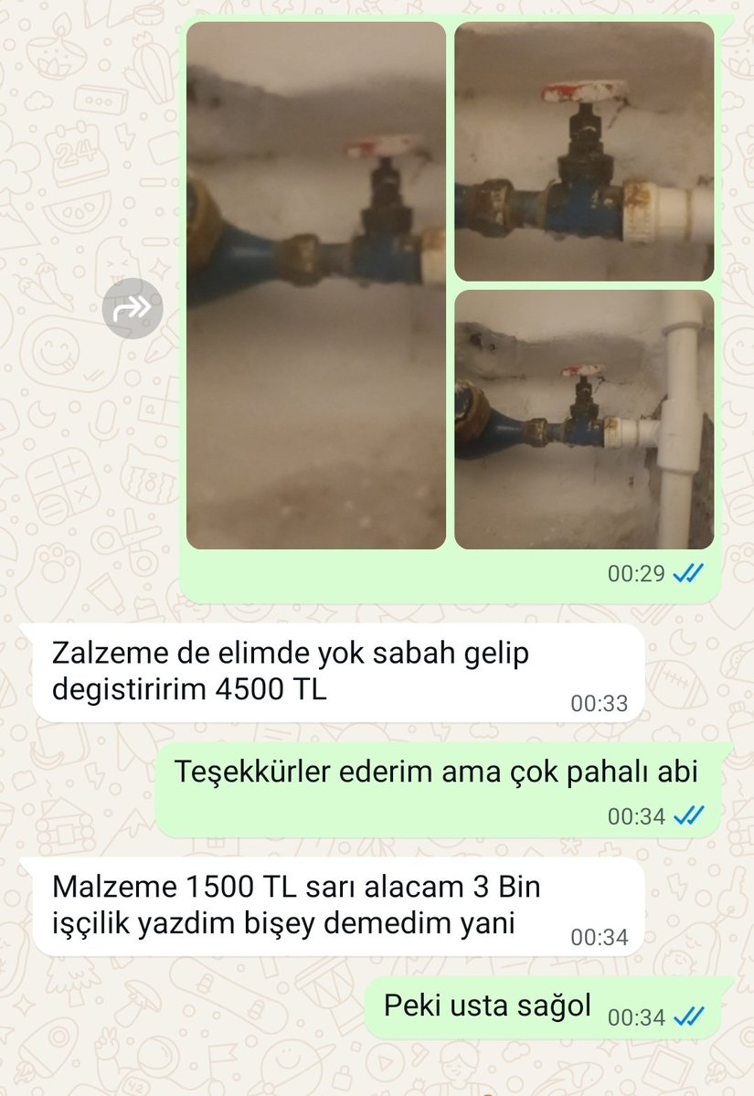 ZamHaberAjans's tweet image. Bir takipçimiz, sayaç vanasının değişimi için 4.500 TL fiyat aldı.

• Tesisat ustaları, bu işi ne kadara yaparsınız?