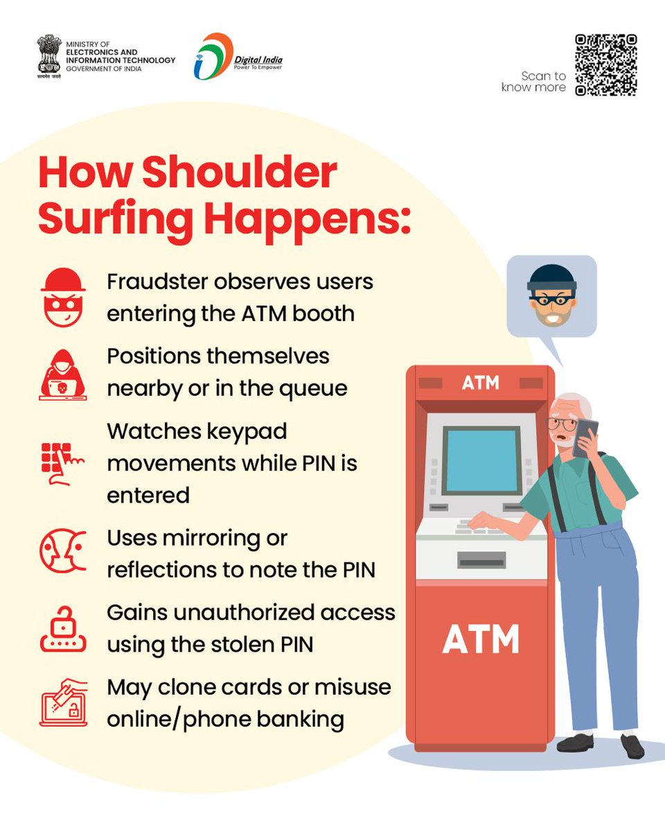 _DigitalIndia's tweet photo. Automated Teller Machines (ATMs) make banking convenient—anytime, anywhere. But while using ATMs, being aware of security threats is just as important as convenience.
Click to know more - https://t.co/04RGZx4EWY
#ATMSafety #CyberAwareness #StaySafeOnline #DigitalIndia https://t.co/zsbjFWnD8q