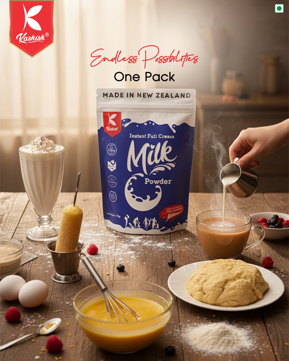 The Pure Taste of New Zealand, Right in Your Kitchen. Experience the rich, creamy texture of Kashish Instant Full Cream Milk Powder.
From baking fluffy treats to creating the perfect cup of tea, our milk powder delivers premium quality &amp; "Endless Possibilities" in every scoop🇳🇿🥛