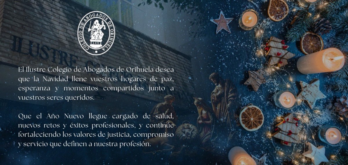 🎄✨ ¡Feliz Navidad a todos desde el Ilustre Colegio de Abogados de Orihuela!

Que estas fiestas estén llenas de alegría, ilusión y buenos momentos junto a los vuestros.

#ICAOrihuela #Navidad #AñoNuevo