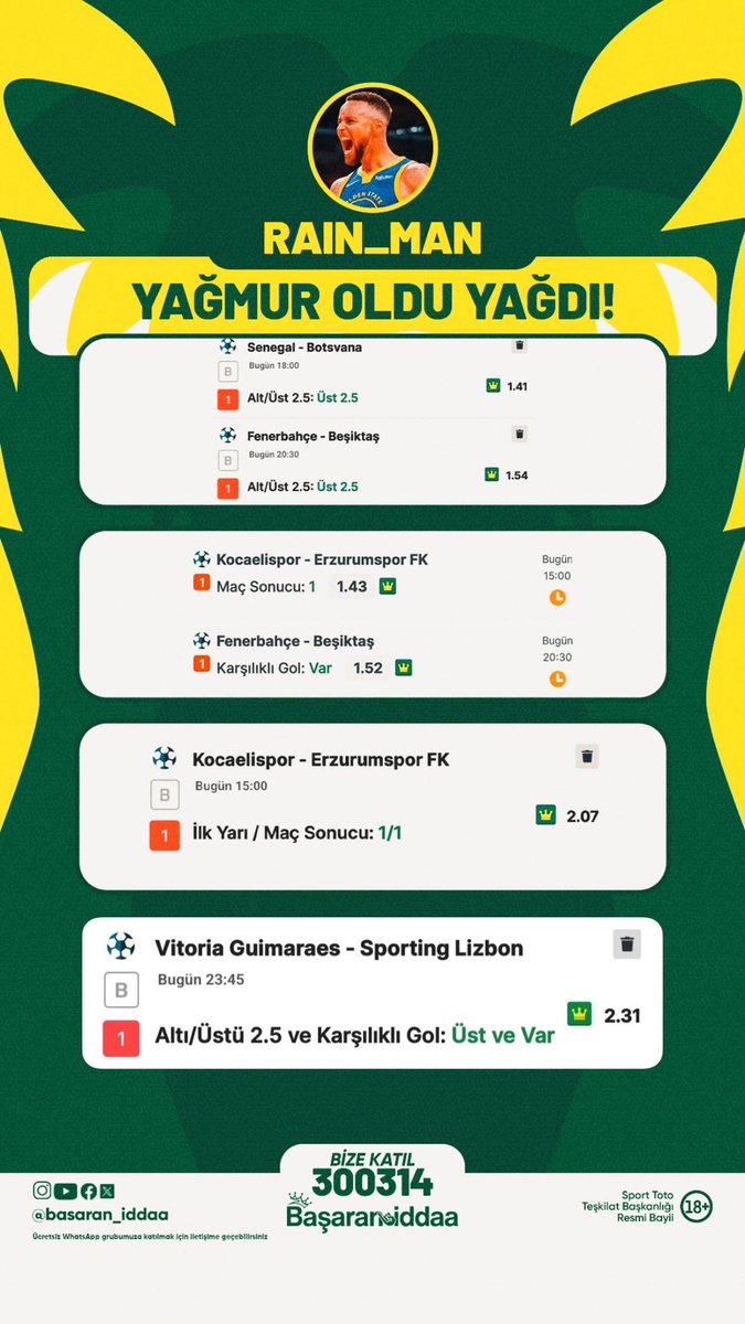 Siz de Kral Oran farkıyla ailemize katılmak için👇🏼

📱 İddaa mobil uygulamasını indir
👍🏼300314 no’lu BAŞARAN İDDAA’yı seç
📞 Bizimle iletişime geç,ücretsiz topluluğumuza katıl
✅Kral oranların coşkusunu yaşa!