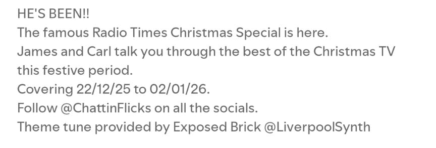 🤔After some inspiration about what to watch this Christmas?🤔

Check out our new episode, available now.

S02 E30 - The Radio Times Christmas Special 

🎧Spotify🎧
🎧Apple Podcasts🎧
🎧 Pocket Cast🎧

Links in the comments 

#ChattinFlicks #movies #podcast #Christmas