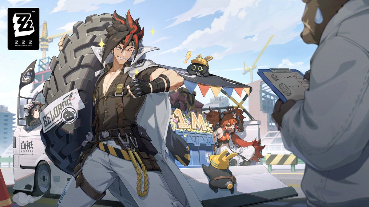 ZZZ_EN's tweet image. Official X Account 1M Follower Milestone Illustration

"Don't worry! I knew something like this might happen, so I've got a spare tire ready!"
"Anton, are you sure it's not too big...?"
"Darn it! We're going to miss the celebration..."

#zzzero