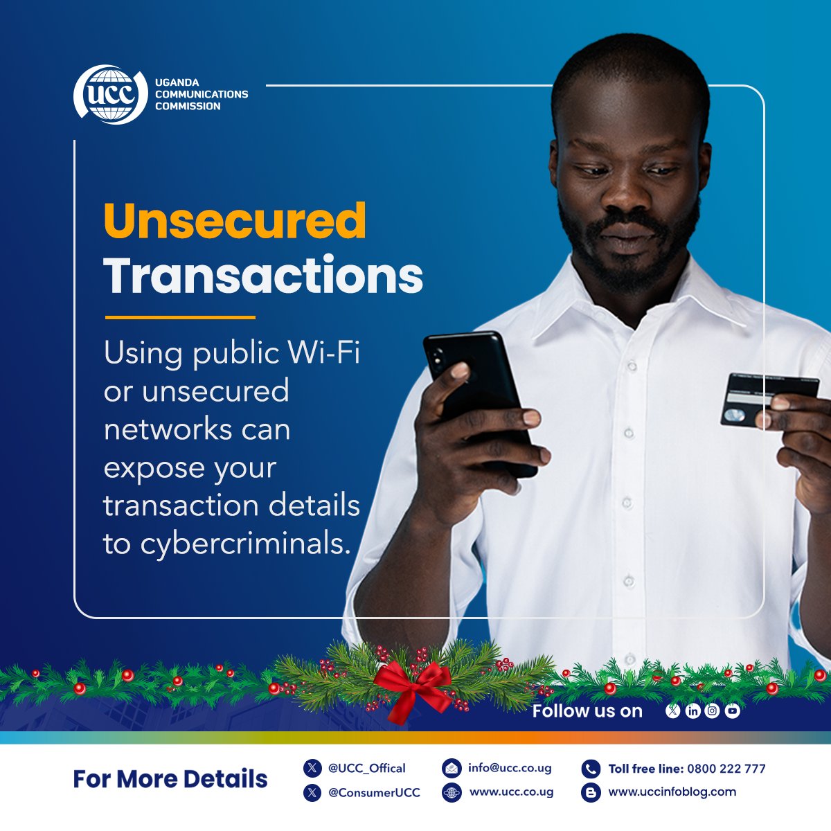 ConsumerUCC's tweet photo. Avoid public Wi-Fi for transactions. If you must, utilize a virtual private network and protect your money, protect yourself! #MobileMoneySecurity #StaySafeOnline
#AnInlcusiveDigitalEconomy 
#GoldenPosts

@UCC_Official @MoICT_Ug @bbossa @UgCERT

@bwambaledickso
@MaamaKampala21
@IamCarolPrimah
@FNalubaale 
@seekasound 
@kat_festo 
@GideonSsekidde 
@Glenn_Noel_Ics 
@NorahJed256
@Sir_Dan16
@d_namugga
@RoqueDerryque