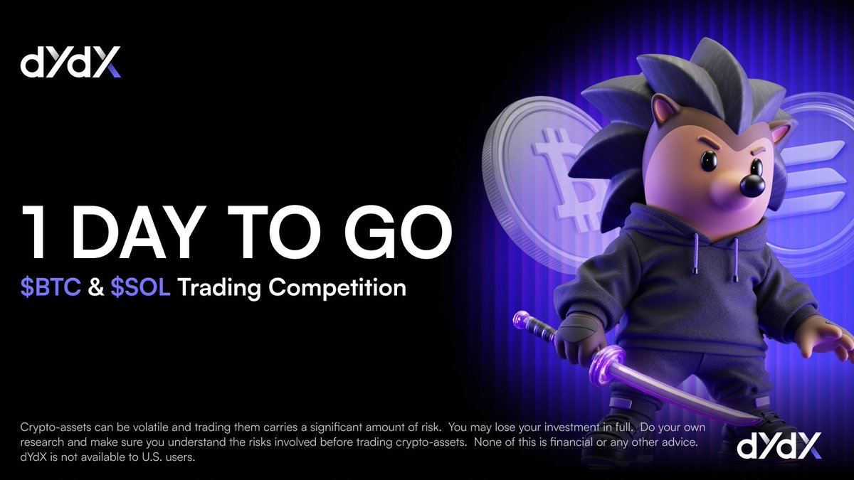 arcus_xyz's tweet photo. LAST DAY ⏰

Today is the final day to get involved in the $15,000 $BTC &amp; $SOL trading competition.

Don't forget there's also exclusive dYdX merch up for grabs by simply retweeting the post below &amp; following @dYdX 🫡 https://t.co/CYYCu74G0I