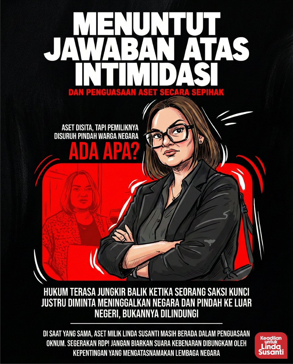Ada apa dengan hukum kita? Aset disita, tapi pemiliknya justru disuruh pindah negara. Linda Susanti mendesak DPR RI untuk menggelar RDP guna membongkar motif di balik perintah "pengusiran" ini. 
_
#โนเบล Aura Kasih Ridwan kamil