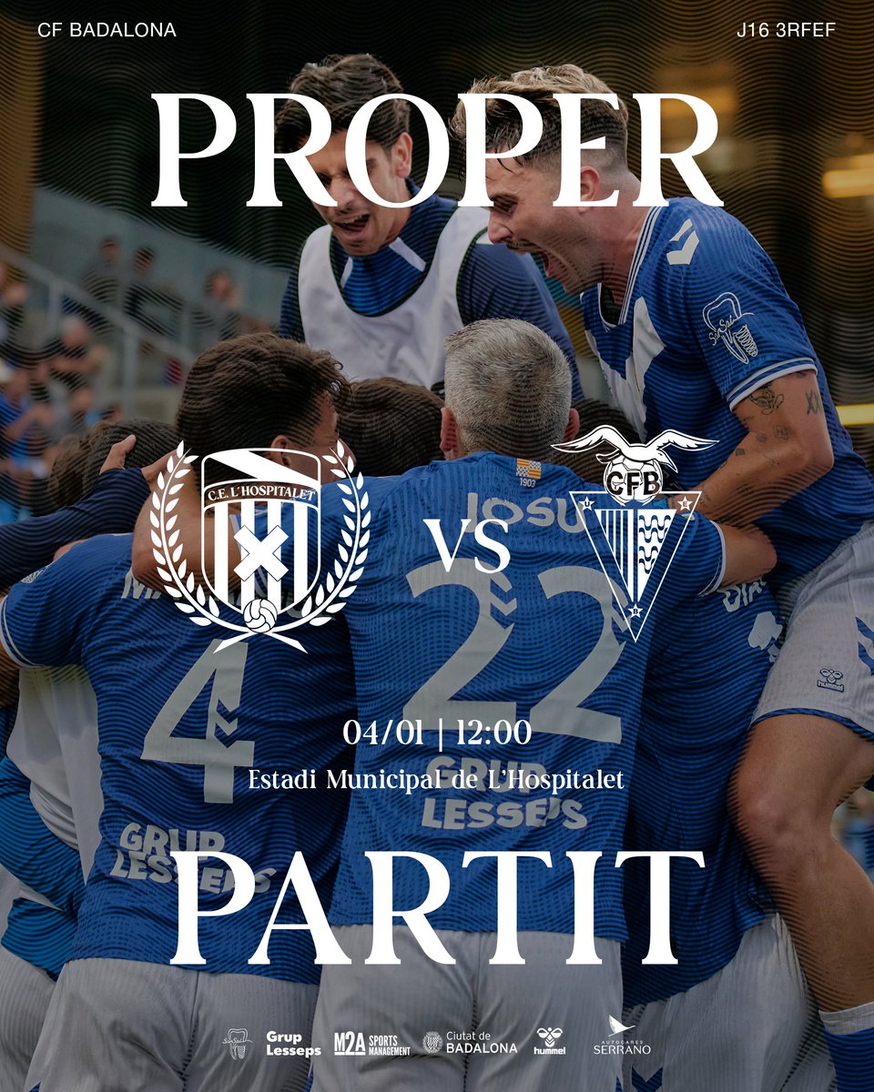 💙​ 𝗣𝗥𝗢𝗣𝗘𝗥 𝗣𝗔𝗥𝗧𝗜𝗧!

🏆 J16 | 3RFEF
🆚 <a href="/CELHospitalet/">CE L'Hospitalet</a> 
🏟️ Estadi Municipal de L'Hospitalet
⏰ 12:00h
🗓️​ Diumenge 4 de gener
🎟️​ 5€ abonats CFB
📻 Ràdio Ciutat de Badalona
Presented by Autocares Serrano
#LHospitaletBadalona