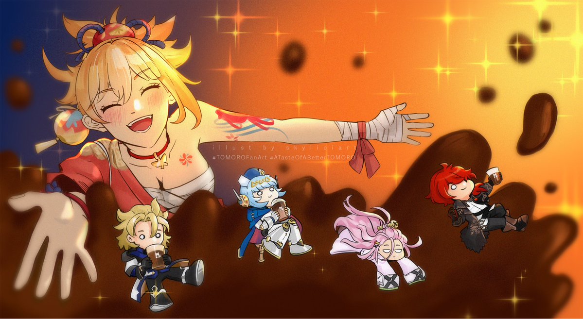 skyliciart's tweet image. I drew my fav Genshin charas : Yoimiya, Albedo, Diluc + Inefa &amp;amp; Aino for Tomoro Coffee fanart contest🫶🏻 

Loveeeee themm &amp;amp; I Miss themmm so muchh😭😭😭