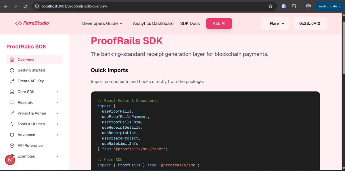 FlareStudioXYZ's tweet photo. Imagine integrating @ProofRails into you project with just a few lines of code. Simple imports, instant receipt generation, real banking grade proofs on-chain. The #ProofRails-SDK is landing inside #FlareStudio before launch. Utilities first, problems solved. https://t.co/NK5kdfSQJI