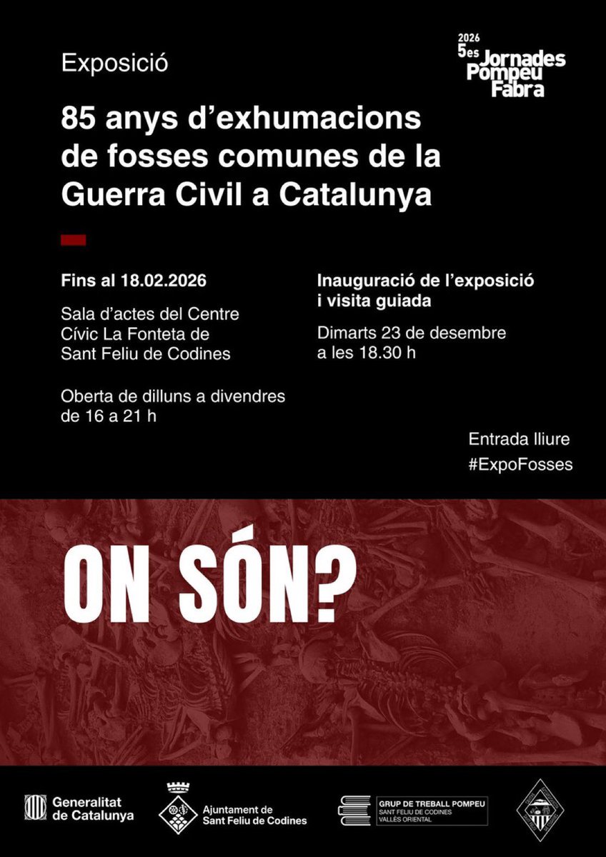 JuntsperCodines's tweet image. Del 23 de desembre al 18 de febrer, el Centre Cívic acollirà l’exposició “85 anys d’exhumacions de fosses comunes de la Guerra Civil a Catalunya”.

Ahir es va inaugurar l’exposció en que hi va participar la regidora @VilarrasaCollet i va comptar amb el DG de Memòria Democràtica