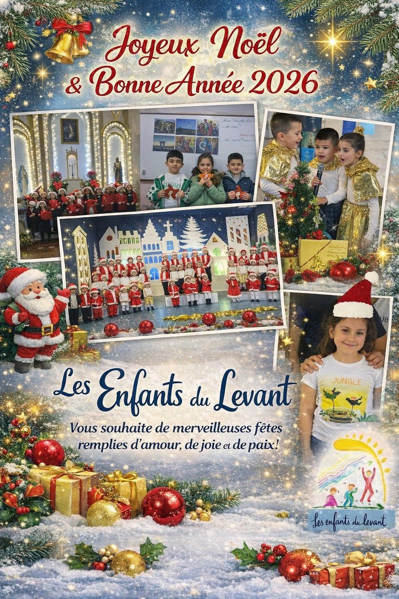 Toute l’équipe des Enfants du Levant vous souhaite un Joyeux Noël 🎄 et une Bonne Année 2026✨✨✨! 
Pensées particulières à tous nos petits protégés au 🇱🇧 Liban et en 🇸🇾 Syrie: nous poursuivons plus que jamais nos actions ❣️