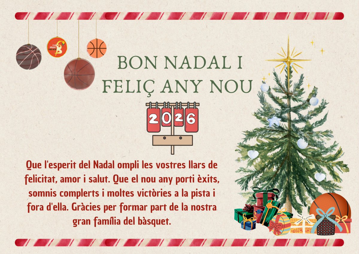 🎄🏀 Aquest Nadal, celebrem molt més que partits i victòries.
Celebrem l’esforç, els valors, les abraçades a la grada i els somnis compartits.

Que el 2026 ens porti salut, il·lusió i moltes emocions dins i fora de la pista.

Gràcies per formar part de la nostra gran família.