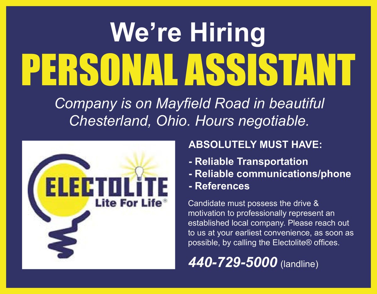 MiddlefieldPost's tweet image. 📢 Now Hiring: Personal Assistant

Electolite® is hiring in Chesterland, OH.

✔️ Reliable transportation

✔️ Reliable communication

✔️ References required

⏰ Hours negotiable

📞 Call 440-729-5000 to apply.

#NowHiring #ChesterlandOH #GeaugaCounty #Electolite #ad #sponsoredpost