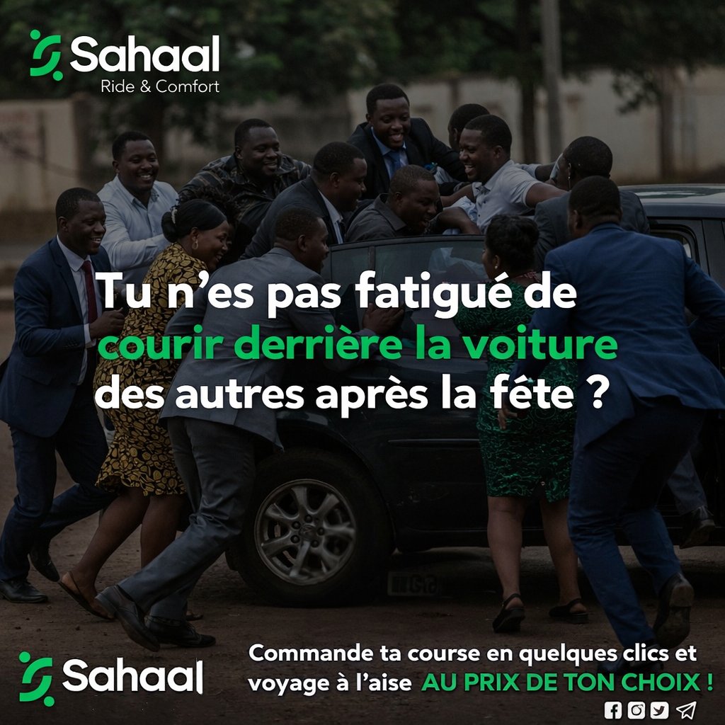 Les fêtes, c’est doux… jusqu’au moment où tu te retrouves à sprinter derrière la voiture de ton pote comme si c’était le dernier bus de la galaxie
Avec sahaal , tu commandes ta course en quelques clics et tu rentres tranquille, sans sueur ni négociation à la portière