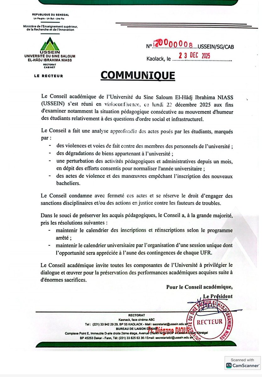 Communiqué du Conseil académique du 22 décembre 2025
#USSEIN <a href="/diegane_diouf/">Diegane DIOUF</a> <a href="/pnsbalante/">Sadio Papa Ngore⭐⭐</a>
