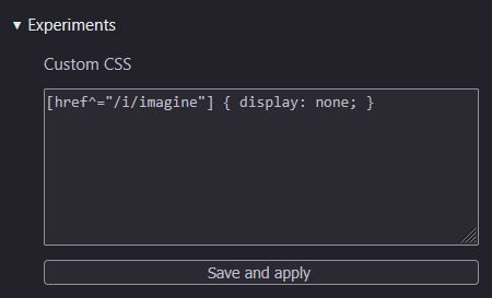 ControlPanelFT's tweet photo. As a quick fix to hide "Edit image" in Tweets until we get a new version out, add this to Experiments → Custom CSS in Control Panel for Twitter, then click Save and apply

[href^="/i/imagine"] { display: none; } https://t.co/PxpeWZiRLW