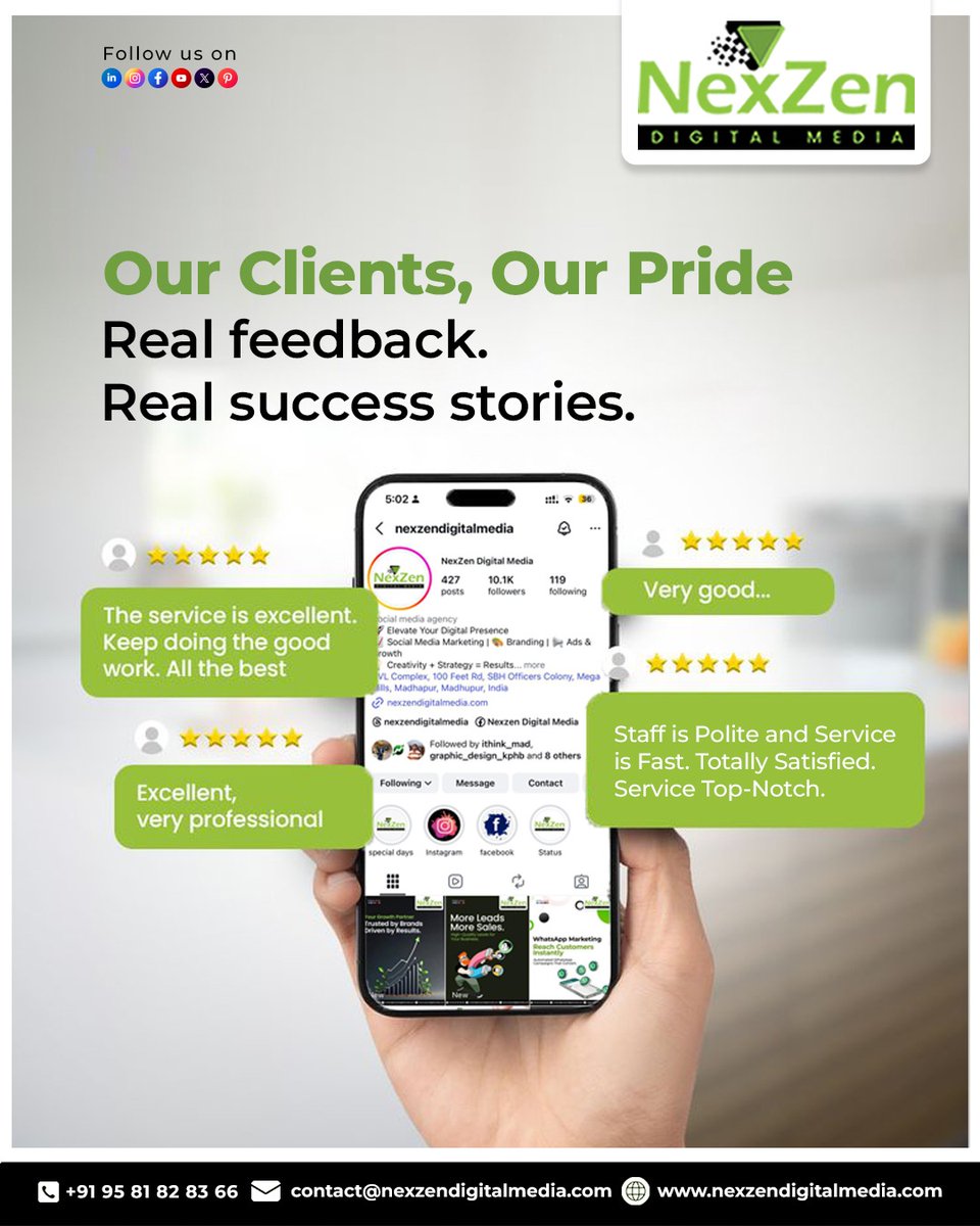 Nexzenmedia's tweet photo. Trusted by Clients. Proven by Results. ⭐ Nexzen Digital Media
#NexzenDigitalMedia #OurClientsOurPride #ClientFeedback #ClientTestimonials #DigitalMarketingAgency #SocialMediaMarketing #BrandGrowth #TrustedByClients #RealResults #SuccessStories #DigitalMarketingExperts https://t.co/KBUbfyCP0J