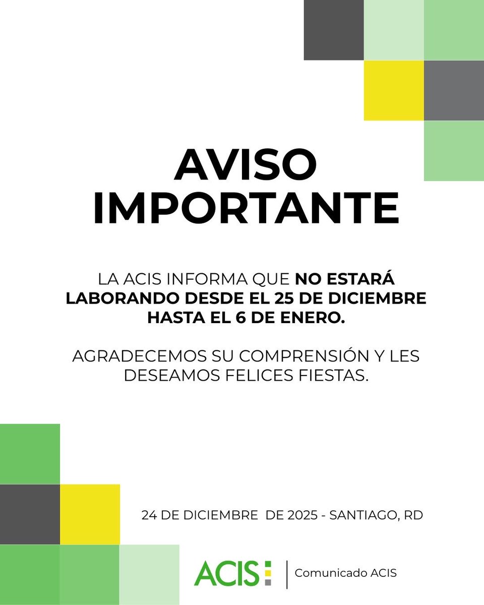 🗓️Horario especial por las fiestas navideñas. 

Nuestras oficinas estarán cerradas del 25 de diciembre al 06 de enero.
Retomamos labores el 07 de enero.

ACIS les desea unas ¡felices fiestas!