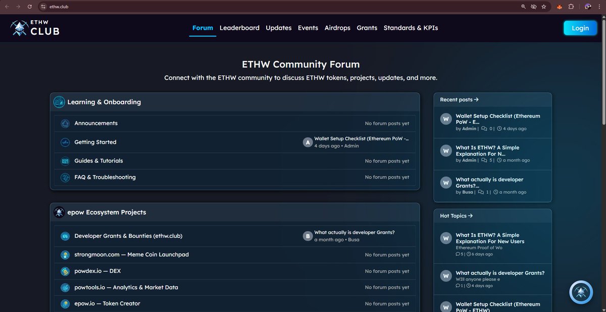 epow_io's tweet image. Ethereum PoW needs more than tools.
It needs a place for conversation and coordination.

ethw.club brings together:
• Community discussions
• News &amp;amp; blogs
• Events &amp;amp; airdrops
• Ecosystem feedback

Built for ETHW participants.

Forums on …