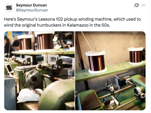 Fochatnick's tweet photo. @GuitarWorld "He added that, as hand-wound pickups, the output of Patent Applied For units varied"

Gibson pickups from that era were, in fact, wound on a machine-  a Leesona now owned by @SeymourDuncan. https://t.co/hizlAV0P3z