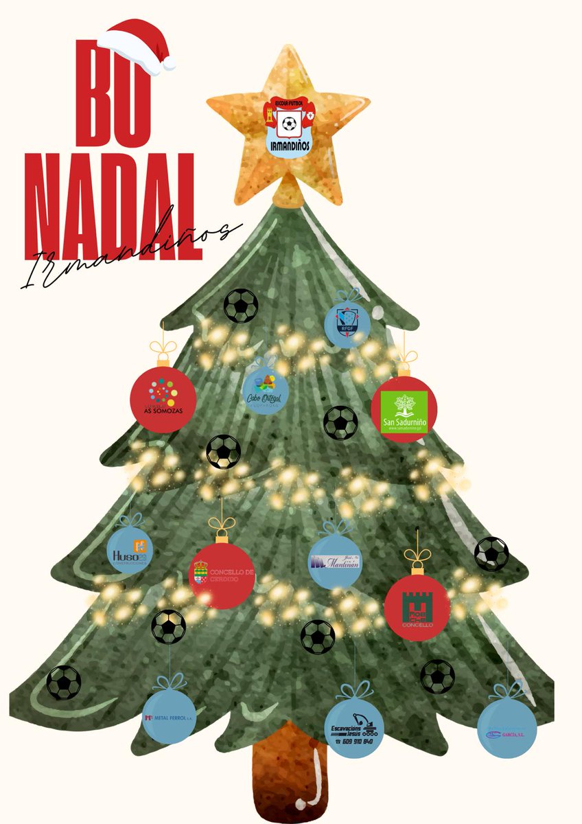 Desde a Escola de Futbol Irmandiños,queremos desexarvos a todos un bo nadal e un prospero ano novo a toda a nosa familia Irmandiña que non para de medrar. Ogalla veñá cargado de boas experiencias e aprendizaxes para os nosos,e se e xuntos,sempre mellor.
Bo Nadal Irmandiños!!