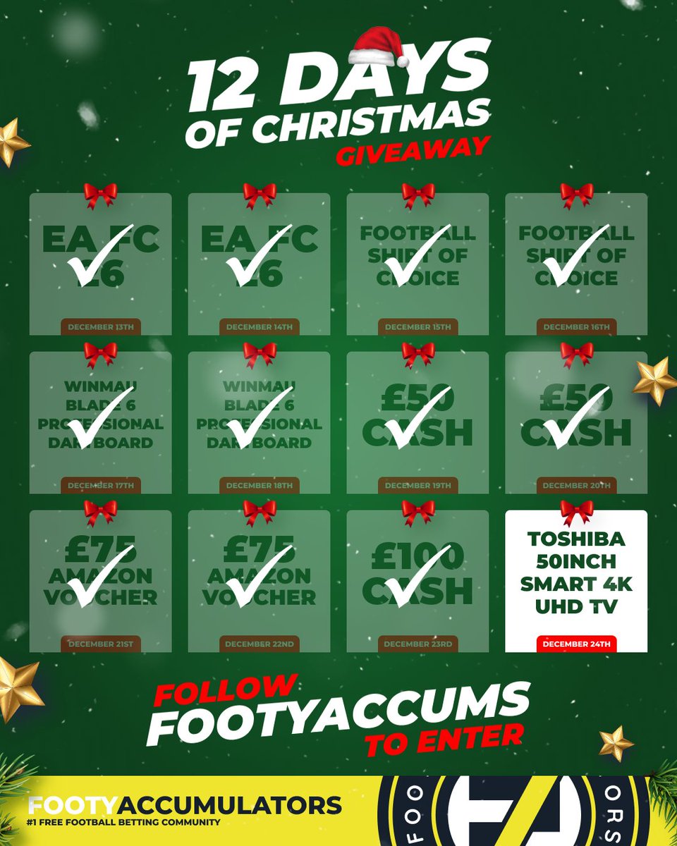 FootyAccums's tweet image. OUR FINAL DAY OF OUR 12 DAYS OF GIVEAWAYS IS HERE! 🚨

WIN A BRAND NEW 50 INCH TOSHIBA TV WORTH £239! 📺

RETWEET &amp;amp; FOLLOW TO ENTER! ✅

Winner picked BOXING DAY @ 10pm - good luck! 🙏