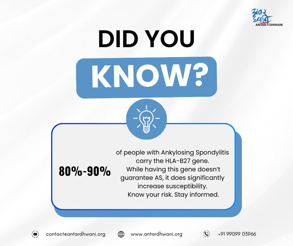 Research shows that 80%–90% of individuals with Ankylosing Spondylitis carry the HLA-B27 gene. 

While the gene doesn’t guarantee AS, it significantly increases susceptibility. Know your risks. Stay informed.

#antardhwani #ankylosingspondylitis #CSR #supportgroup