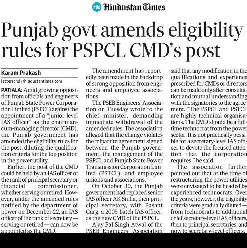 BJP4Chandigarh's tweet photo. So this is the “honest and professional governance” AAP promised?

The Punjab Government has changed the eligibility rules for the PSPCL CMD’s post — just to accommodate a junior-level IAS officer.
Earlier, only senior IAS officers like principal secretaries or financial commissioners — or experienced technocrats — could head PSPCL.
Now the rules have been watered down so even a secretary-level officer can be appointed.

This isn’t reform.
This is rule-bending to suit favourites — at the cost of a highly technical power sector.

Engineers and employees are openly protesting.
They’re warning that PSPCL & PSTCL are complex technical bodies that should be led by experts from the power sector — not politically convenient appointees.

AAP came to power promising merit, transparency and professionalism.
But in Punjab, what we are seeing is political interference, diluted standards and zero consultation with stakeholders.

When power utilities — the backbone of the state — are run on political convenience instead of competence, the people ultimately pay the price.

So much for “badlav”.

#AAPExposed #Punjab #PowerSector #GovernanceFailure #PSPCL
@BhagwantMann @AroraAmanSunam @AamAadmiParty @AAPPunjab @ArvindKejriwal