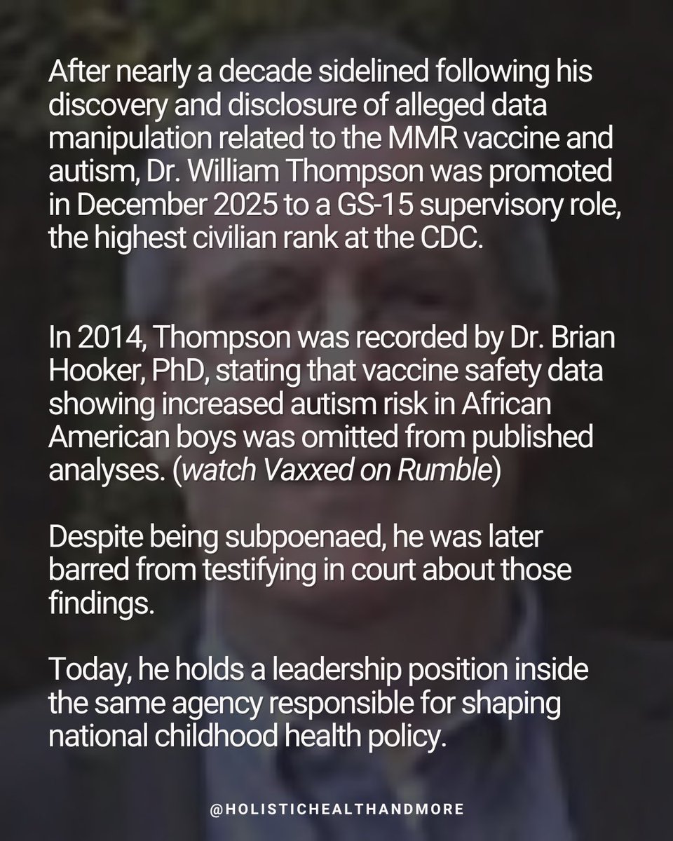 HolHealthandMor's tweet photo. CDC whistleblower Dr. William Thompson is now in a senior leadership role.
If you want the background, watch Vaxxed.
https://t.co/tzphfLGUUd https://t.co/jQk2QE9nSU