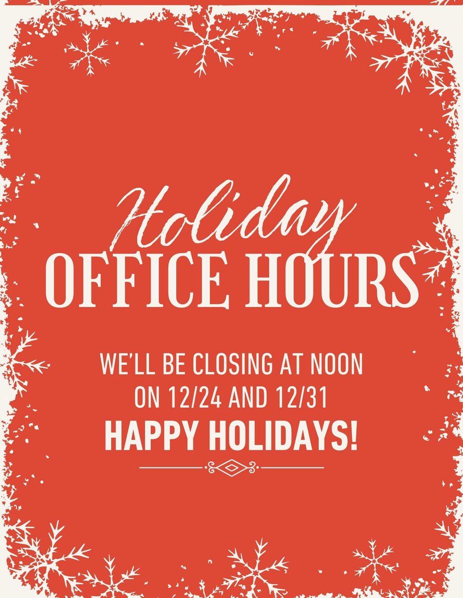 Holiday Announcement! We want to let you know that our Rental Office will be closed at noon on Christmas Eve and New Years Eve to allow our team to celebrate with their loved ones. Remember, we'll be back and ready to assist you bright and early after the festivities!