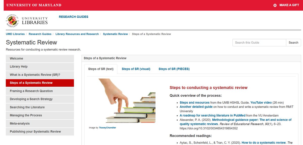MushtaqBilalPhD's tweet photo. A comprehensive and free tutorial on how to conduct a systematic review by the University of Maryland library.

Covers:
• What is a systematic review?
• Steps of a systematic review
• Framing a research question
• Developing a search strategy
• Searching the literature
• Managing the process
• Meta-analysis
• Publishing your systematic review

https://t.co/Ope4IYoKjC