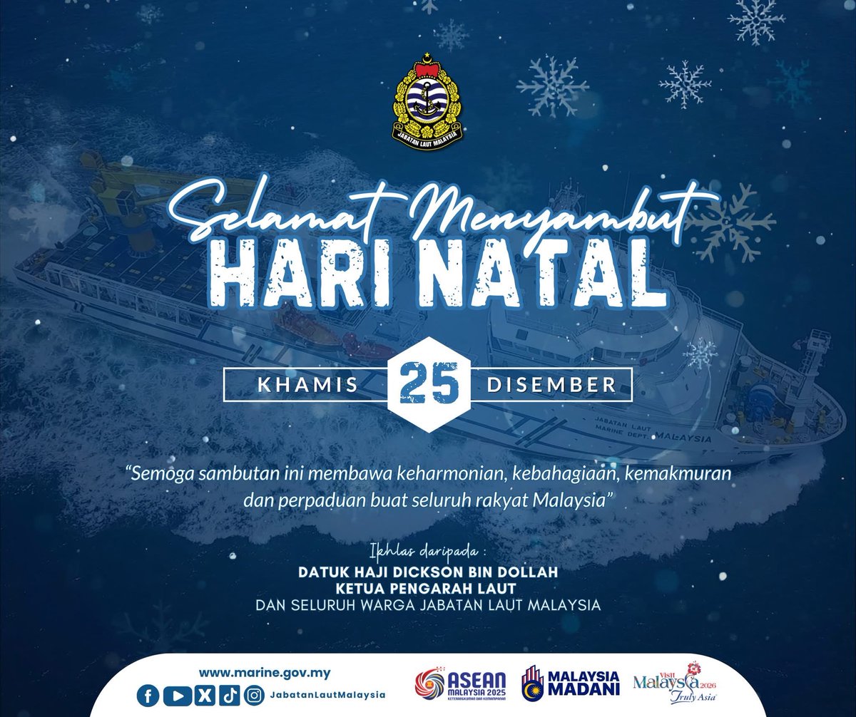 Selamat Menyambut Hari Natal 2025 kepada seluruh rakyat Malaysia yang beragama Kristian. Semoga sambutan ini membawa keharmonian, kegembiraan, kemakmuran dan memperkukuh perpaduan masyarakat berbilang kaum dan agama di Malaysia.

#SaferShipsSecurePortsCleanerSeas #MalaysiaMadani