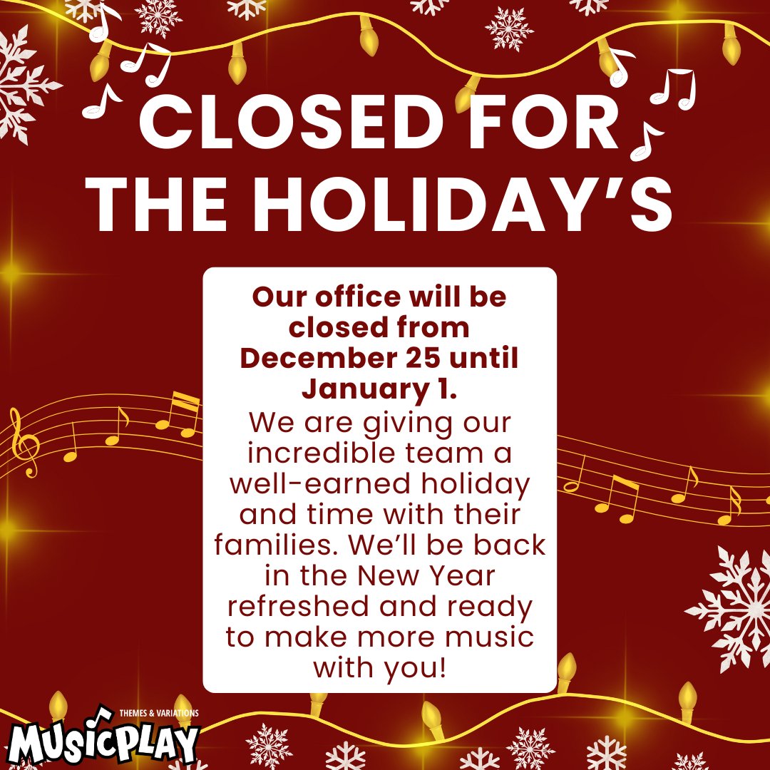 🎄 We will be CLOSED from December 25 until January 1st. 

We are giving our incredible team a well-earned holiday and time with their families. We’ll be back in the New Year refreshed and ready to make more music with you! 🎶

#musicplay #musiced #musicplayonline