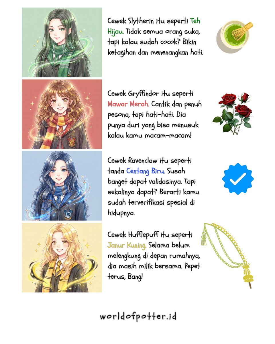 WorldofPotterID's tweet photo. Tipe-tipe cewek di https://t.co/reIDrRCZSp berdasarkan asramanya! Jadi, yang mau dipepet yang mana? XD

#HogwartsGirls #RPUpdates #harrypottermeme #wopmeme https://t.co/p8Bj847EWh