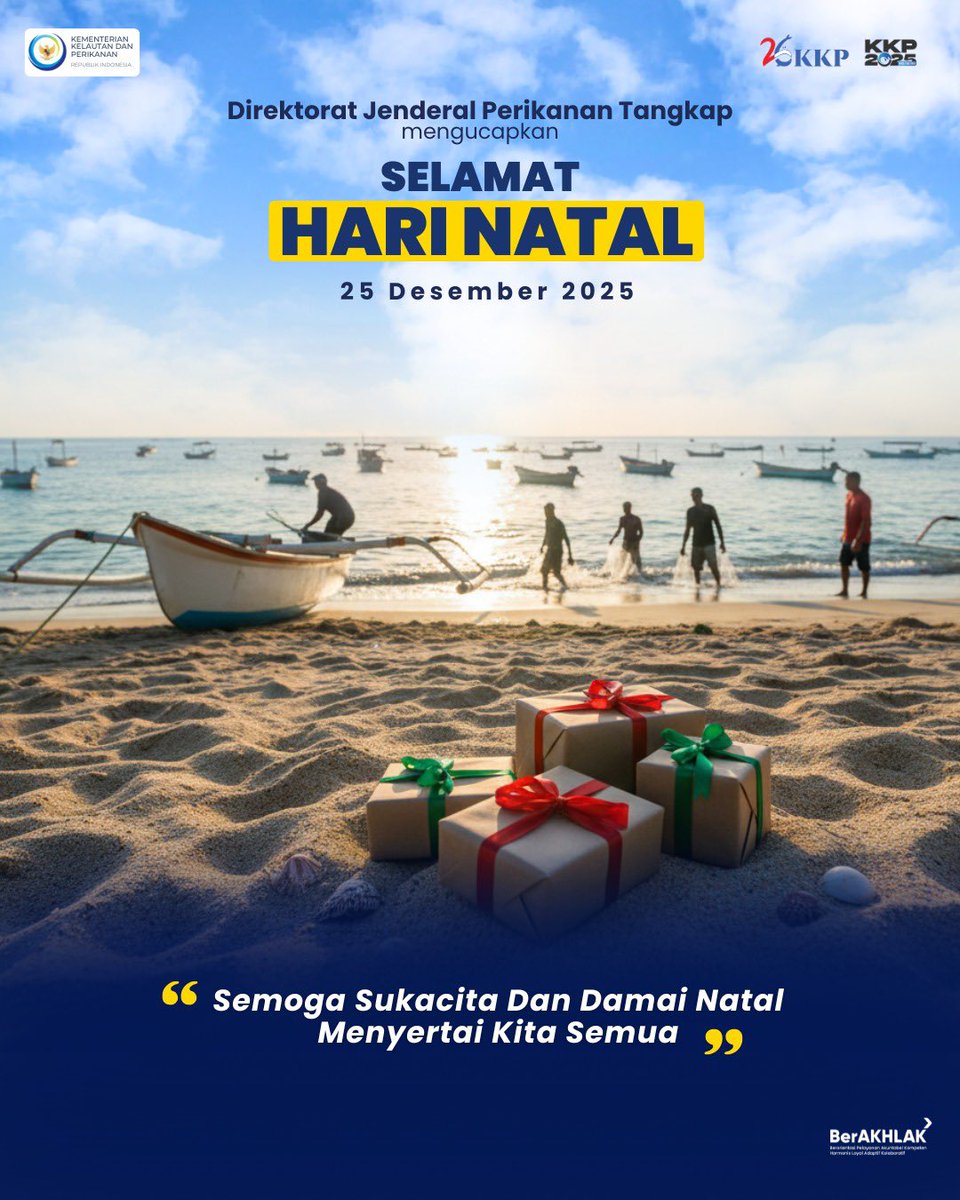 djpt_kkp's tweet image. Keluarga Besar Ditjen Perikanan Tangkap mengucapkan Selamat Hari Natal 25 Desember 2025.

Semoga kasih Natal menjadi cahaya yang menuntun langkah kita dalam merawat laut, menguatkan nelayan, dan mewujudkan perikanan tangkap yang berkelanjutan 🎄⚓️

#PanganBiru